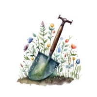Watercolor Spring collection Hand made watercolor illustration. Potted plants, watering can, apron, shovel, wheelbarrow, dig, gloves, gardening, nippers, scissors. Elements png