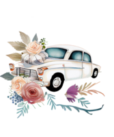 Red retro toy car delivering bouquet of flowers png