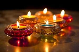 A Diya oil lamp, Diwali concept, blurred Hindu festival of lights celebration background. AI generative photo