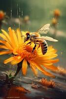 Bee sitting next to yellow flower and drop. photo