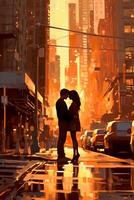 Lovely Sunset cityscape, New York, tan bruennte woman and brown haired white man kissing. photo