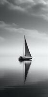 white image of a lone sailboat on a calm sea, photo