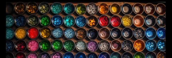 top view, aerial view, bowls of gemstones of the color of the rainbow. photo