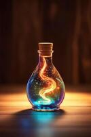 Glowing galaxy in a glass bottle. photo