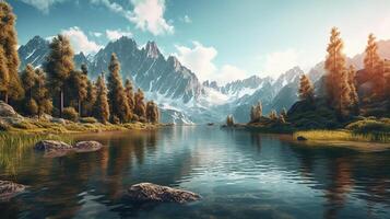 Lake with mountains and trees. photo