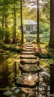 Luminous granite stepping stones leading to cottage in middle of pond. photo