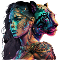 Girl Neon Jungle Warrior watercolor t-shirt design, transparent background, png