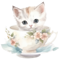 mignonne tasse à thé chaton aquarelle T-shirt conception, transparent arrière-plan, ai généré png