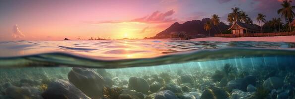 Photograph of beautiful inviting beach scene with pink sunset sky. photo