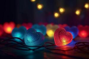 Valentine day background. Love light. Romantic ornament. Yellow round led string neon red blue color blur heart glow festive pattern on defocused dark. photo