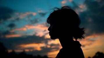 Side view, Silhouette of the face, a person, low angle, blurred fresh dawn sky. AI generative photo