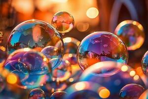 Soap bubbles against a blurred light background. photo