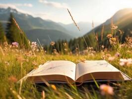 Book on the meadow with mountain at background. photo