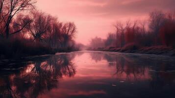 un escena en cuales el todo rosado cielo es reflejado en el agua. ai generativo foto
