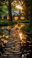Luminous granite stepping stones leading to cottage in middle of pond. photo