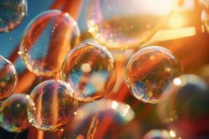 Soap bubbles against a blurred light background. photo