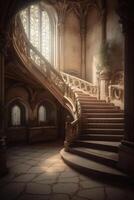 Castle staircase backdrop, luxury, interior design. photo