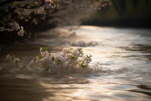 Butterply, cherryblossom, blurred river. photo