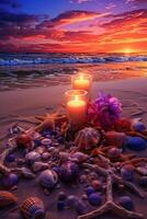 Romantic exotic beach with shells and sunset, sunset of purples and blues. photo