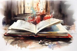Open book on table in watercolor painting style. photo