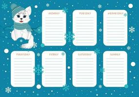 School weekly and daily planner with cute little white cat in colorful winter design. vector