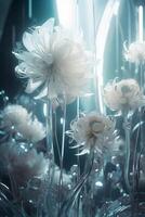 Translucent futuristic inorganic flowers, white background, behance, c4d, blender, OC renderer, dribble, high detail, 8k, studio lighting, art award, Cinema Lights. photo