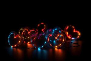 Valentine day background. Love light. Romantic ornament. Yellow round led string neon red blue color blur heart glow festive pattern on defocused dark. photo