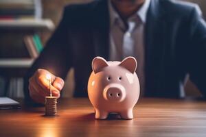 idea for save or investment. businessman holding lightbulb beside piggy bank and coins stacking on desk with note book. photo