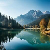 Lake with mountains and trees. photo