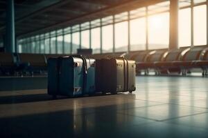 Luggage suitcases at the airport wide banner with copy space area for vacations and holiday travel concepts. photo