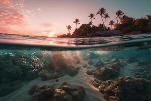 fotografía de hermosa atractivo playa escena con rosado puesta de sol cielo. ai generativo foto