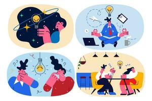 Diverse people with lightbulb think develop business idea solution. Businesspeople brainstorm cooperate generate innovative plan or project. Teamwork and innovation. Vector illustration. Set.