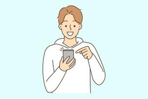 Smiling young man using modern cellphone browsing internet on gadget. Happy guy with smartphone text online. Device and technology. Vector illustration.