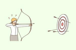 Businesswoman shooting arrows on target. Blindsided female employee aim at business goal. Achievement. Vector illustration.