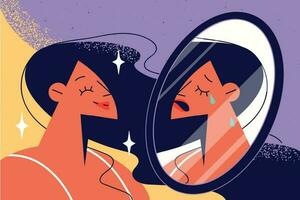 Woman looking in mirror suffer from personality disorder hiding problems. Girl struggle with insecurity and self-destruction. Mental trouble. Vector illustration.