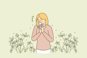 Unhealthy young woman standing in field sneezing suffering from seasonal allergy. Unwell sick girl struggle with allergic reaction during summer season. Vector illustration.