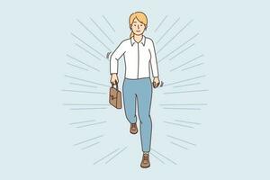 Young businesswoman run to work. Confident female employee or worker rush to office meet deadline. Employment and time management. Vector illustration.