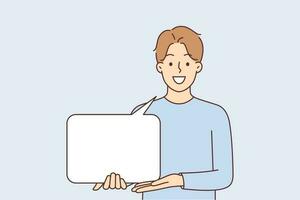 Man holds speech bubble and shows hand on copy space for informative inscription with important message or notification. Guy demonstrates empty speech bubble for applying advertising offer vector