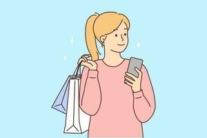 contento joven mujer con Teléfono móvil y papel bolsas. sonriente niña compras en línea en teléfono inteligente consumismo concepto. vector ilustración.