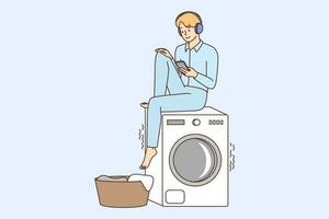 Young man in pyjama sit on washing machine listen to music. Smiling guy enjoy audio in earphones wait for laundry to finish. Vector illustration.