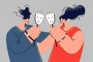 Unhappy couple hide under happy masks suffer from relationships problems. Man and woman hiding feeling struggle with relations trouble. Vector illustration.