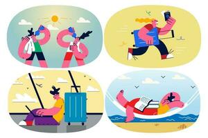 Happy person relax on summer vacation on sea reading book working online. Smiling people have fun rest enjoy holiday. In airport ready for trip. Travel concept. Flat vector illustration. Set.