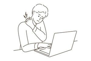 Tired young man sit on desk working on computer suffering from backache. Exhausted guy use laptop struggle with pain in sedentary position. Vector illustration.