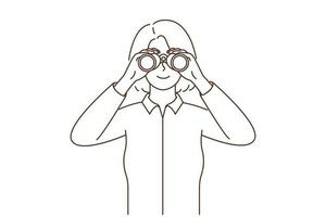 sonriente mujer Mira en prismáticos abierto nuevo posibilidades y oportunidades. contento hembra con ópera lentes explorar carrera elección y opciones vector ilustración.