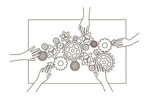 People hands connect cogwheels engaged in teamwork. Employees with gear mechanisms looking for business problem solution. Vector illustration.