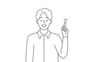 Smiling man raise finger up find problem solution. Happy motivated male solve dilemma make decision or choice. Great idea. Vector illustration.