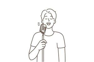 Happy young man singing in microphone on stage. Smiling guy enjoy karaoke night in club. Entertainment and hobby. Vector illustration.