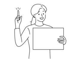 Smiling young woman hold blank poster card point up with finger. Happy girl with empty mockup placard show upward with finger. Vector illustration.