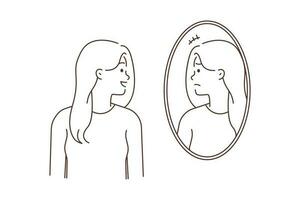 Smiling young woman look in mirror see unhappy upset face suffer from depression or mental problems. Girl with mood swings struggle with personality disorder. Vector illustration.