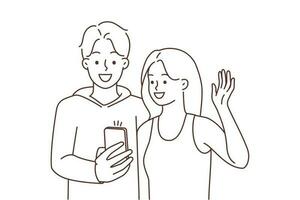 sonriente joven Pareja hablar en vídeo llamada en Teléfono móvil. contento hombre y mujer ola con mano saludo hablando en cámara web en teléfono inteligente vector ilustración.